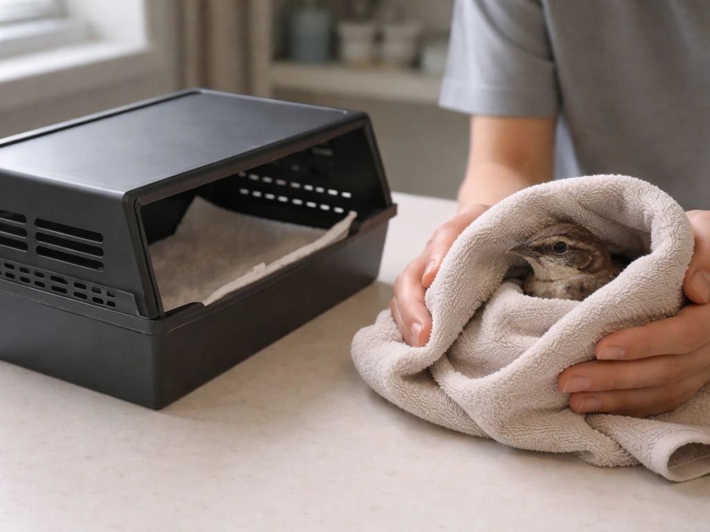 A ventilated, dark recovery box lined with paper towel and a briefly handled stabilized bird in a soft towel.