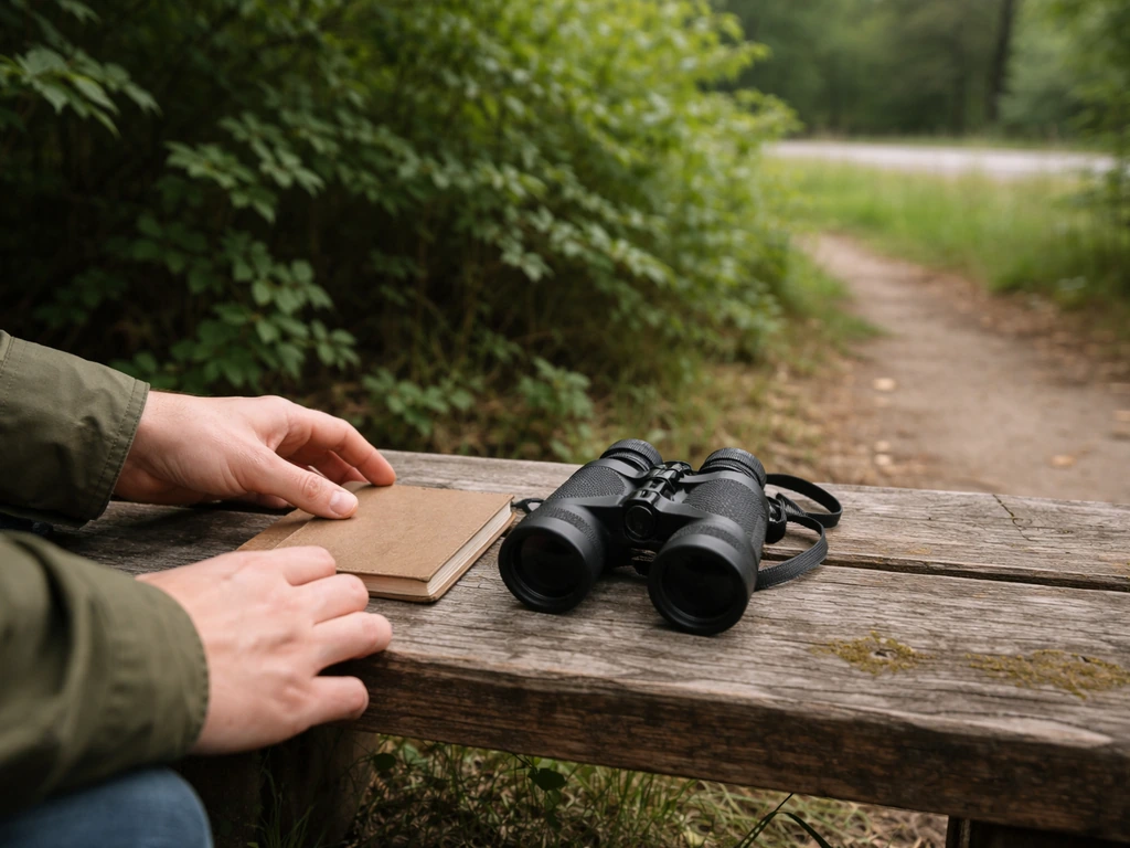 Outdoor planning scene: notebook and binoculars beside a low shrub edge, with a distant road kept out of frame