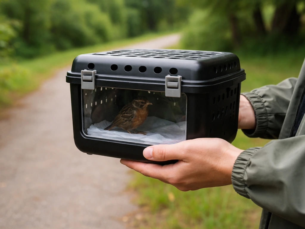 A small dark ventilated transport box holding a bird on the way to a release site, ready to be placed outside.