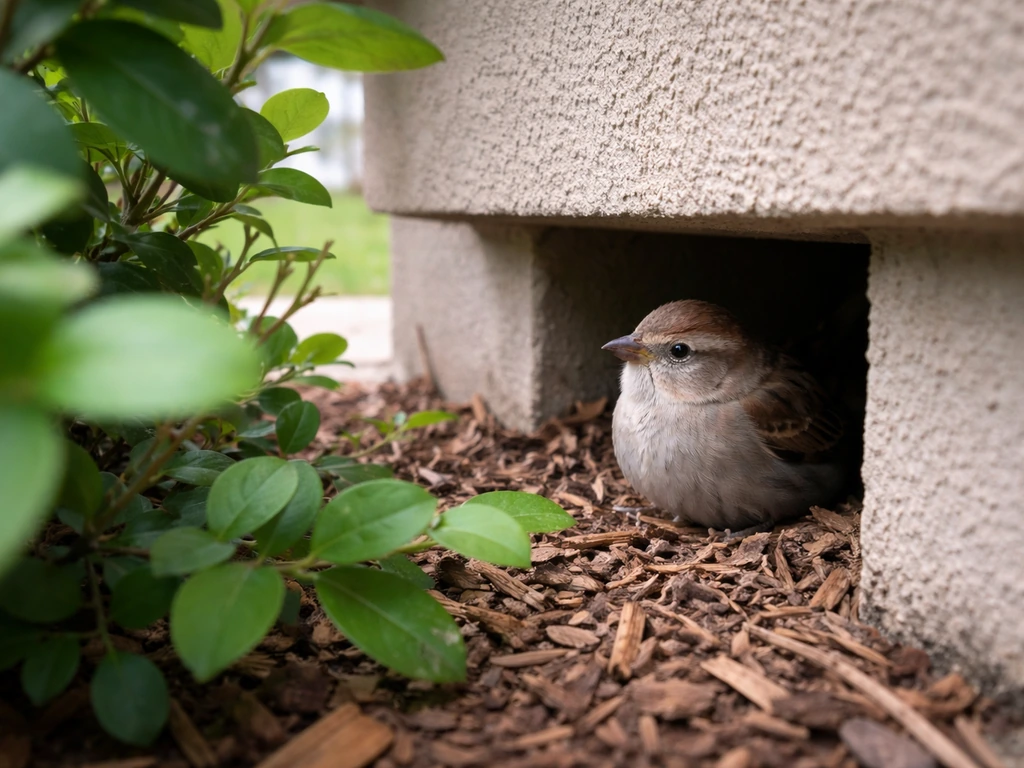 A small bird stays still in sheltered cover near a shrub, with open space visible behind it.