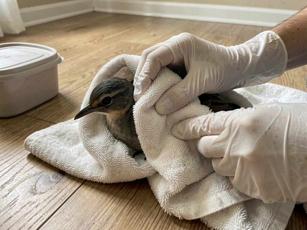 Hand-catching a grounded bird with a soft towel over its body