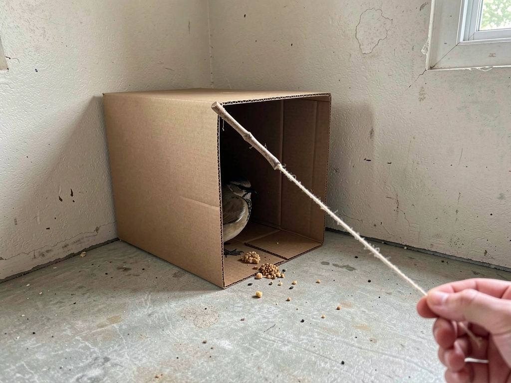 Cardboard box trap with opening facing out and string pull mechanism