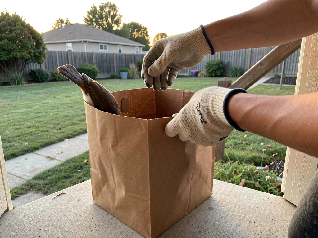 Unwaxed paper bag container opened outside for bird release