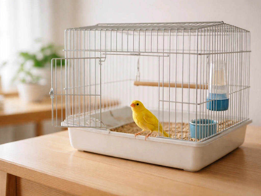 A calm canary safely inside an open-front cage in a bright, minimal room with natural light.