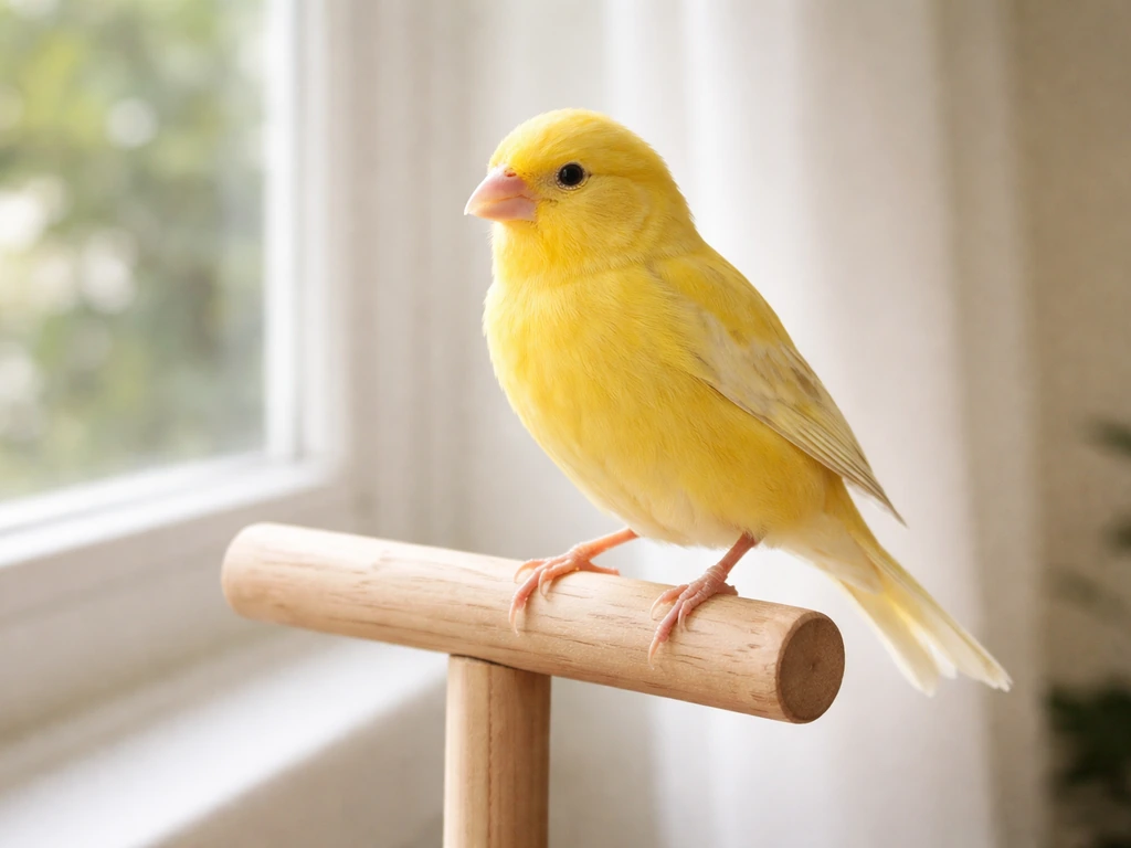 A calm yellow canary perched near a window in a bright living room.