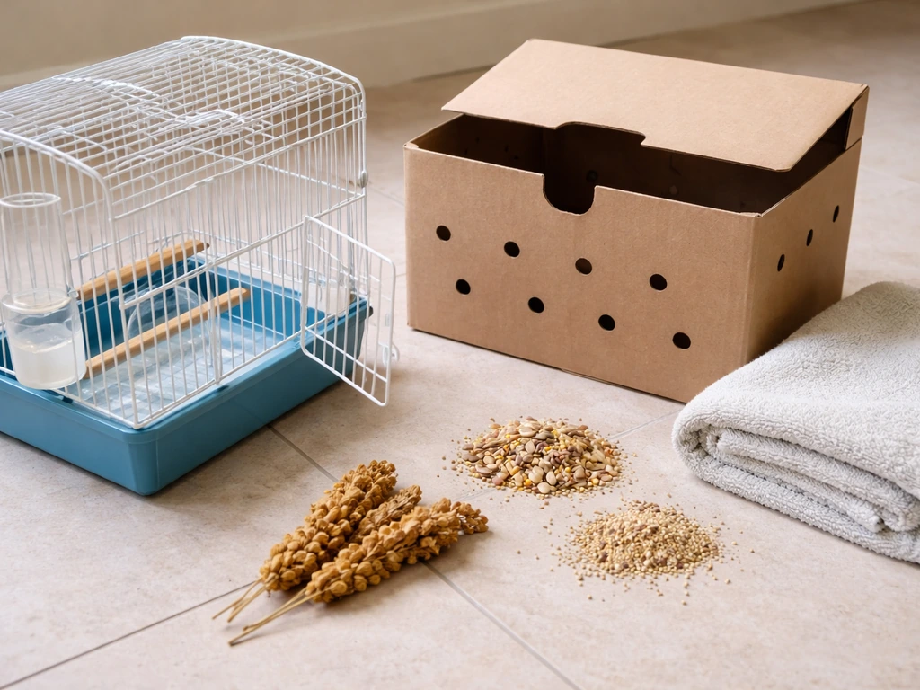 Close-up of a canary cage with open door, ventilated box, towel, and millet/seed lure items staged for setup.