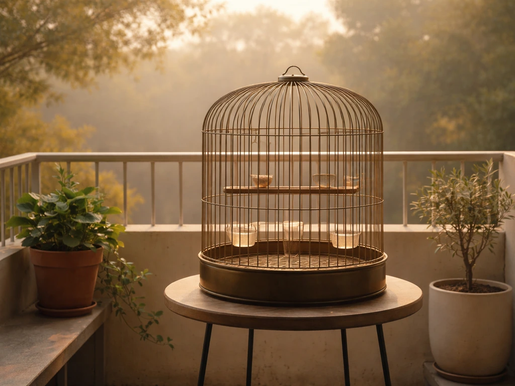 Cage at eye level in a quiet balcony yard area during early morning daylight.