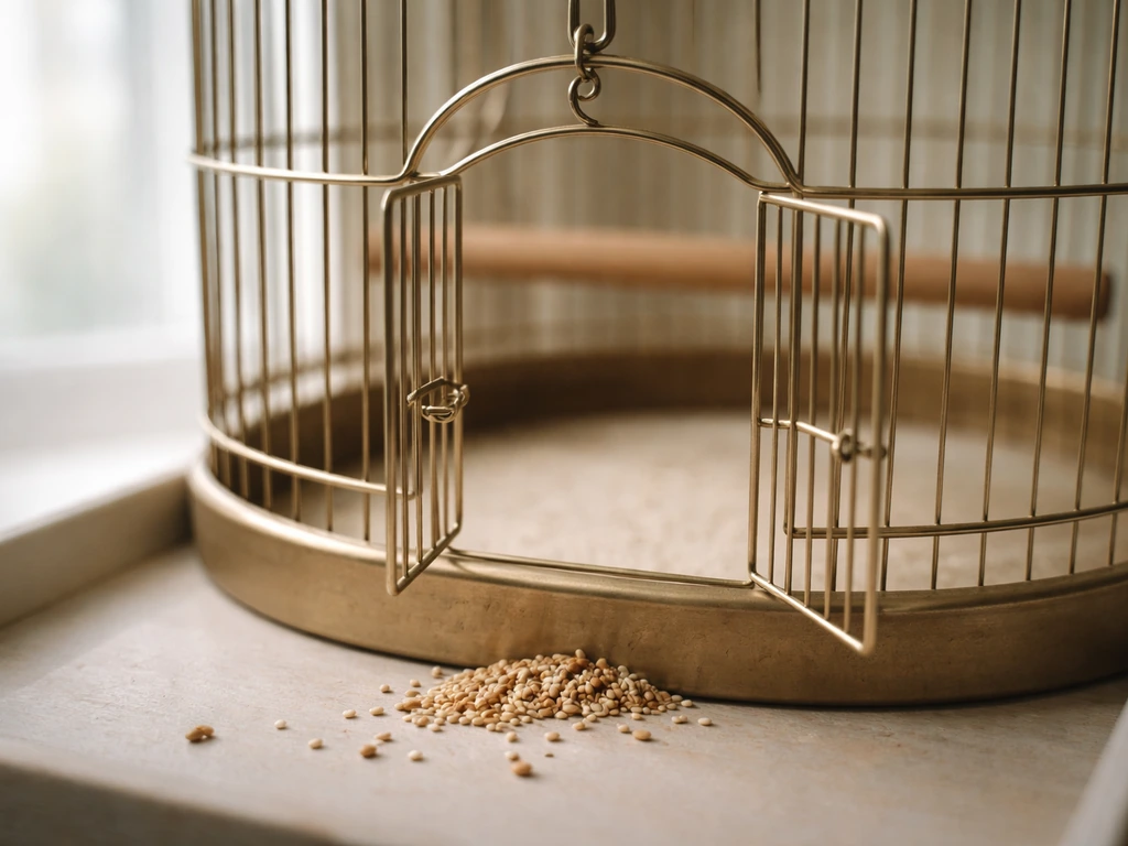 Open canary cage at eye level with a few seed pieces near the entrance on a quiet perch.