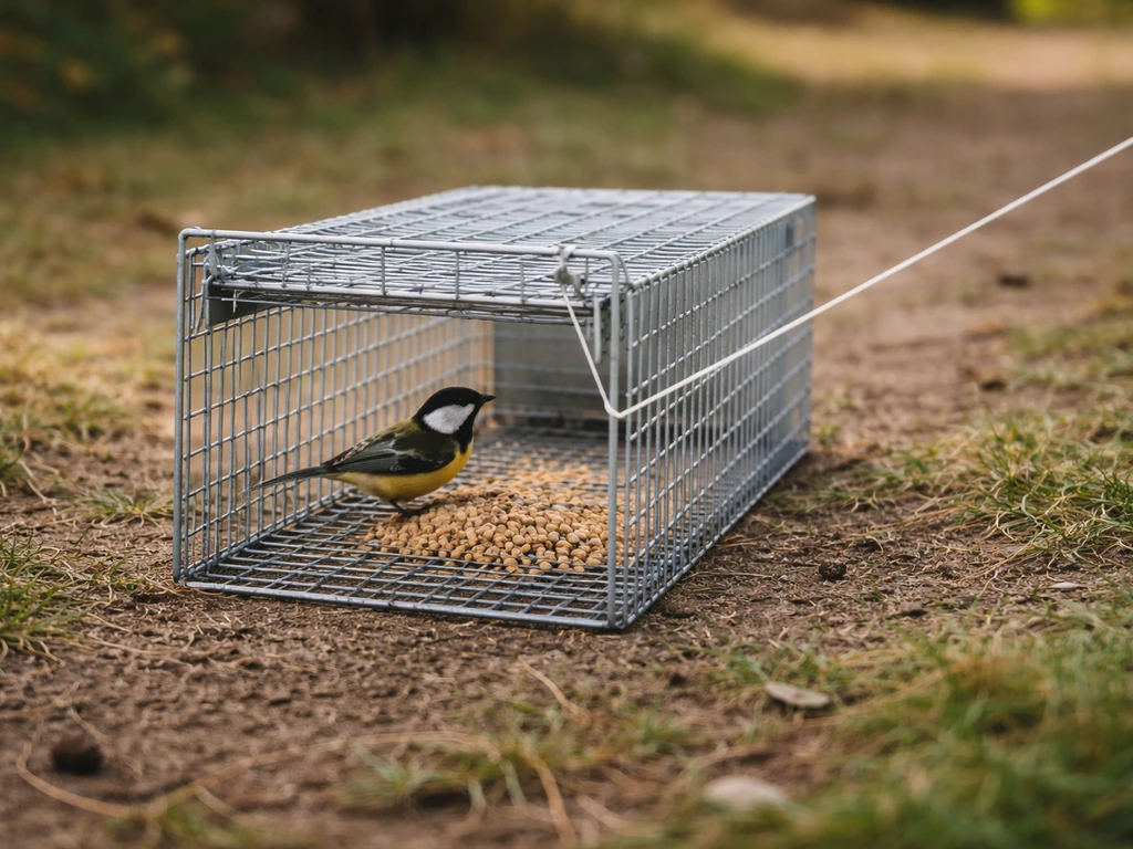 Close-up of a baited humane trap cage door with a thin string about to close, bird inside, short distance