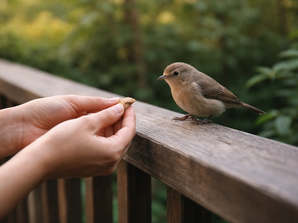 Calm hands offering a small treat to a perched bird in a quiet backyard garden.