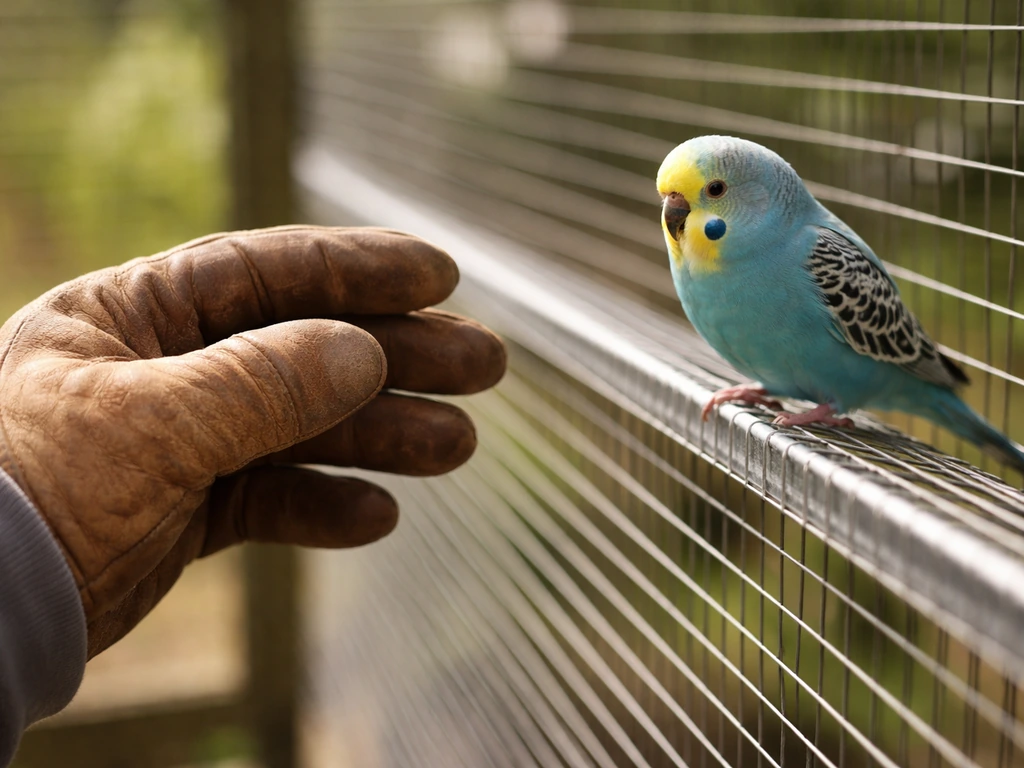 Gloved handler near an aviary cage with a budgie, calmly demonstrating safe approach posture