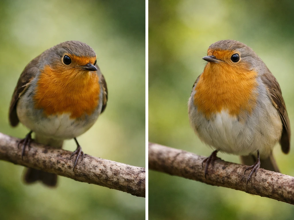 Small bird on a branch showing fear signs on one side and calmer posture on the other.