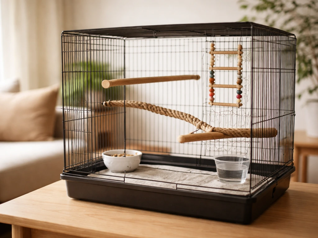 A pet bird cage set at eye level with natural perches in a calm room, no people visible.
