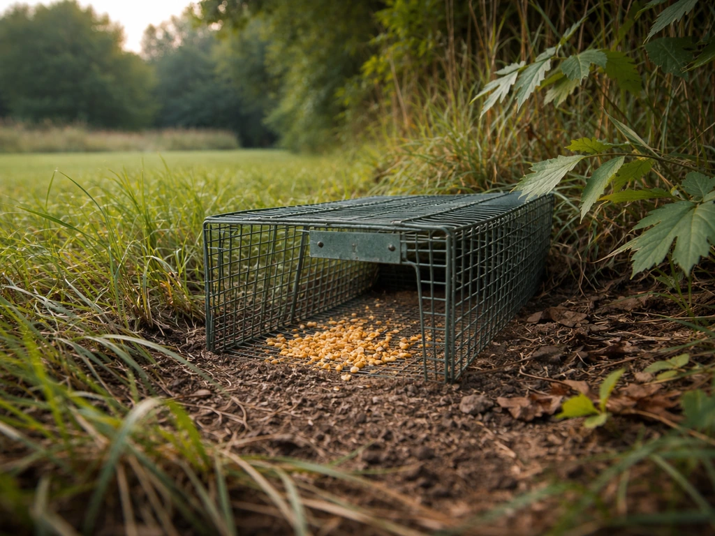 Humane live-capture quail trap setup in a natural edge-of-cover with bait area and concealment.