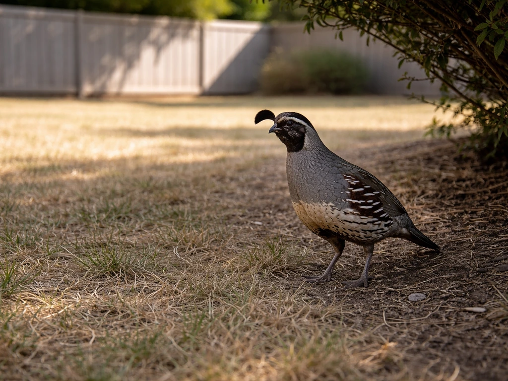 Skittish quail on dry grass near a simple fence line, no people visible.
