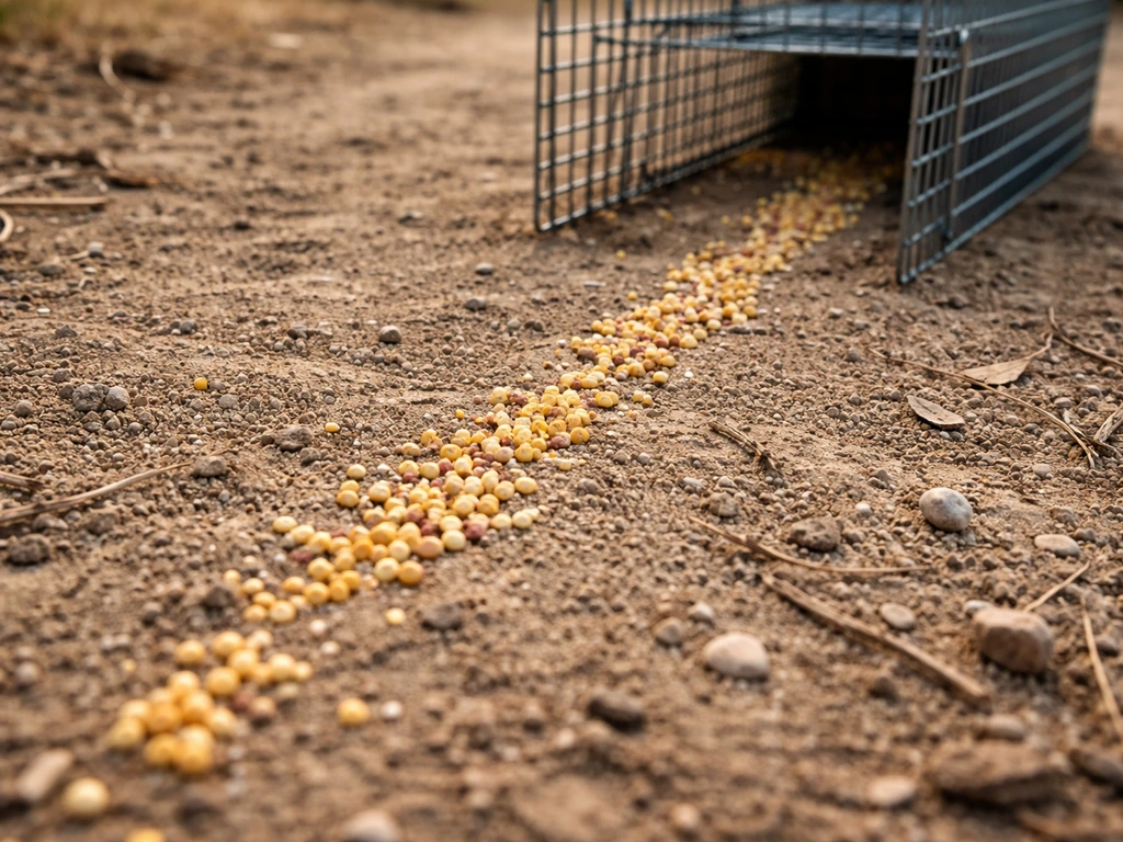 Close-up of quail bait trail with grains leading toward a wire live trap entrance at ground level.