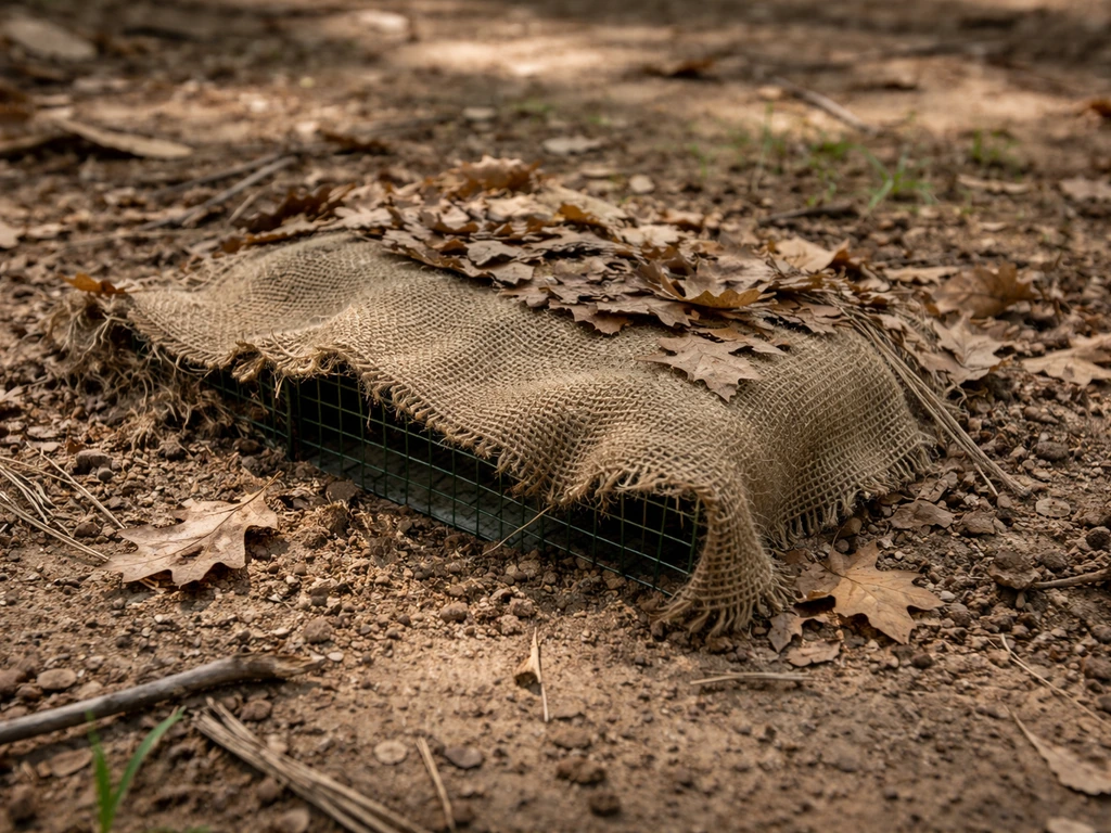Outdoor trap partially covered with dead leaves and loose burlap, hiding it in soil and leaf litter.