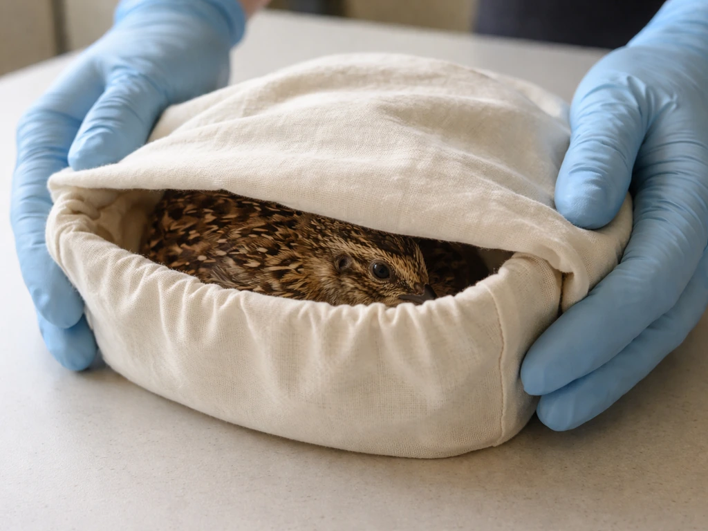 Gently covered quail in a cloth-lined container, supported for careful transfer right after capture.