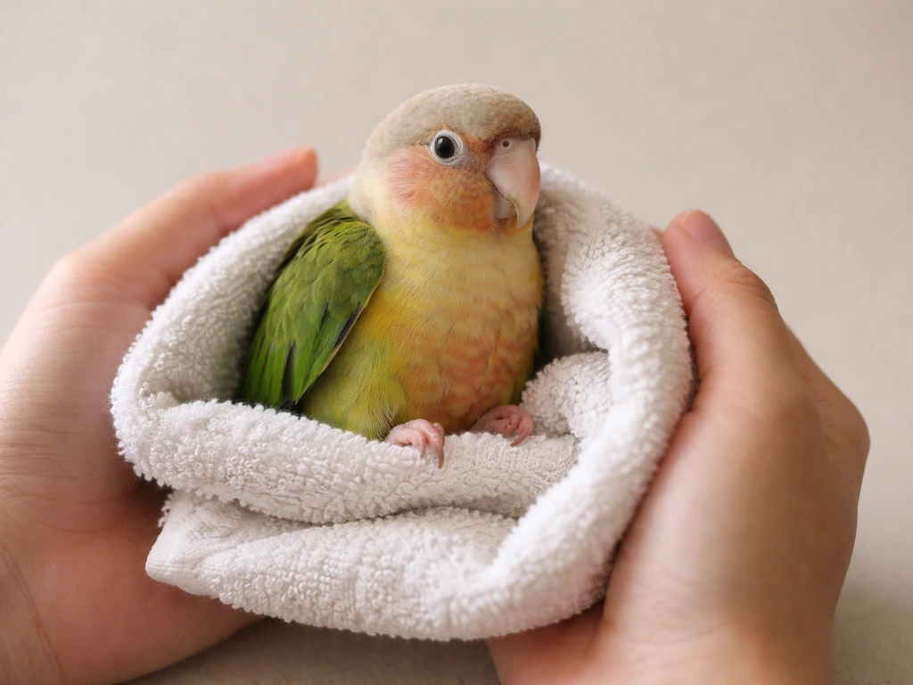 Close-up of gloved hands gently supporting a small pet bird on a folded towel in a calm, safe carry hold.