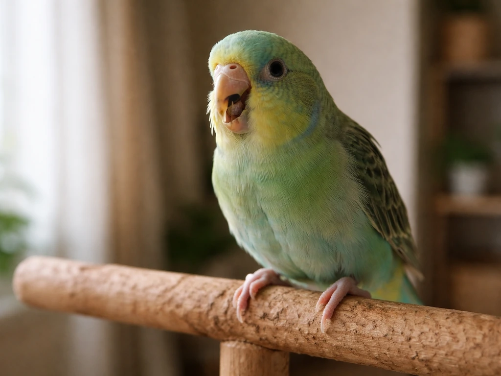 Close-up of a small pet bird showing stress cues like open-mouth breathing and tail bobbing on a perch.