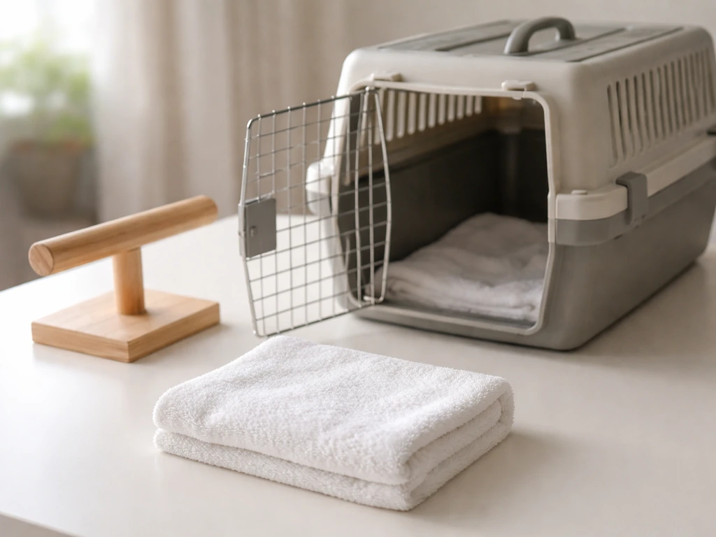 Small hand towel, open ventilated carrier box, and wooden perch laid out ready for a bird carry.