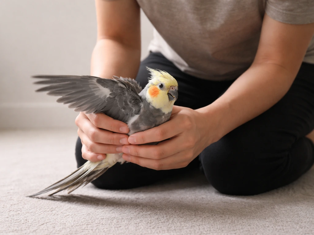 Person gently tucking a panicking bird’s wings while lowering to the floor for safety