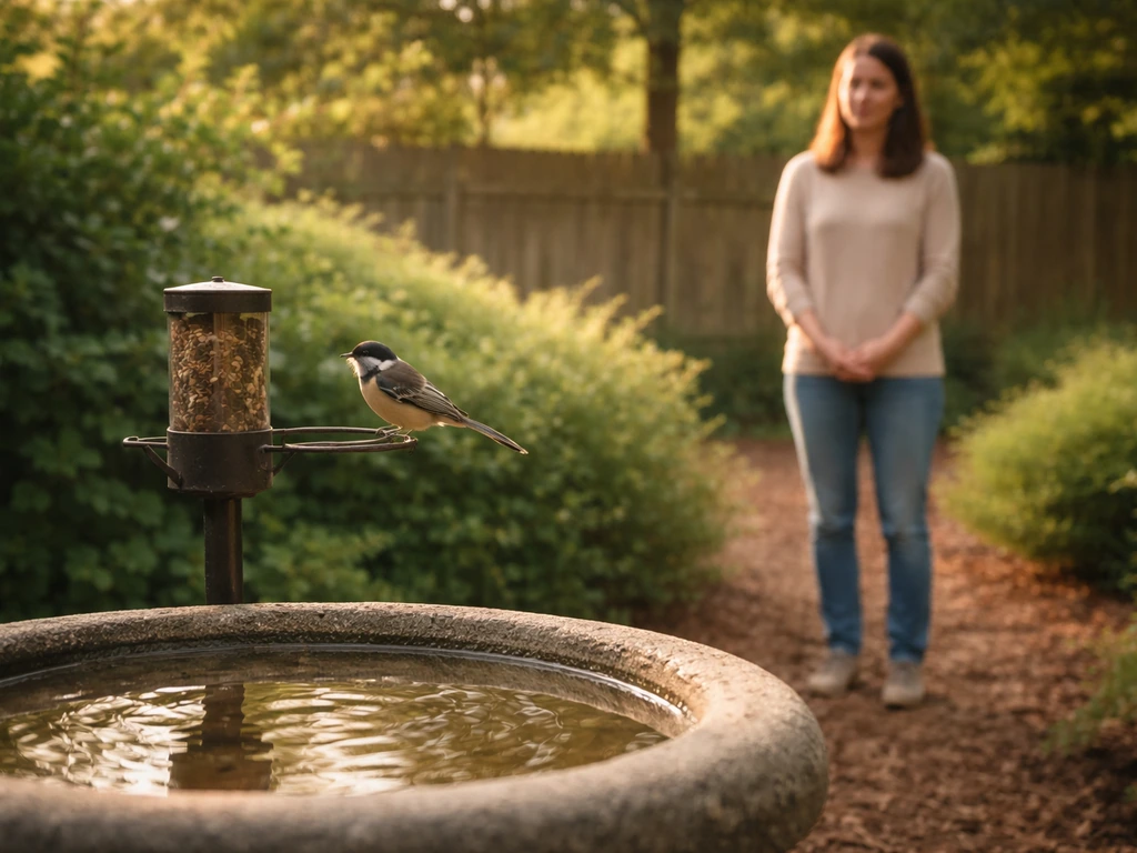 Wild bird perched at a feeder and birdbath while a person stands back respectfully in a backyard
