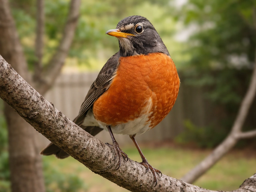 Close-up American robin on a branch showing alert posture and fluffed chest feathers.