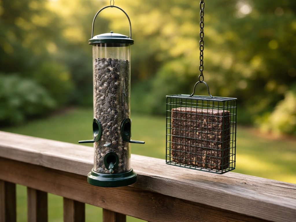 Backyard bird feeders with black-oil sunflower seeds and a suet feeder hanging from a railing
