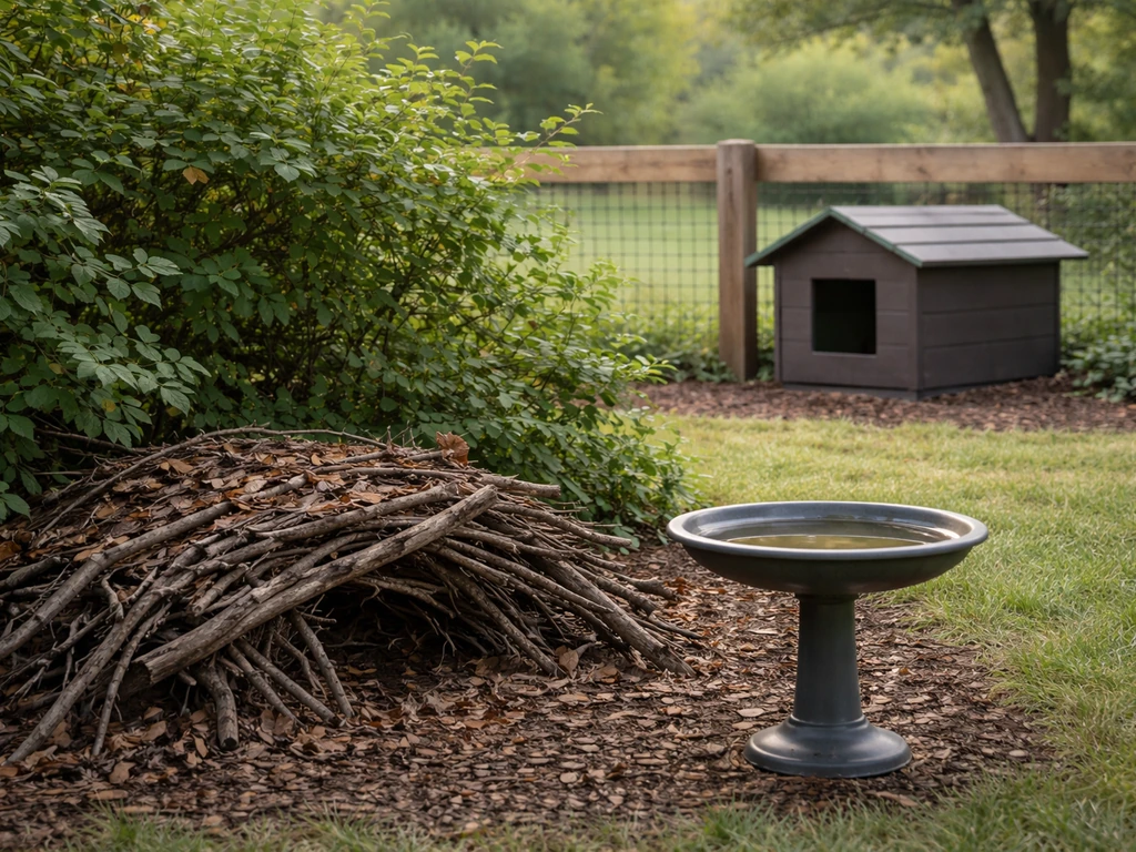 Birdbath beside dense shrubs and a covered brush pile, with a cat-safe enclosed outdoor cat house in back.