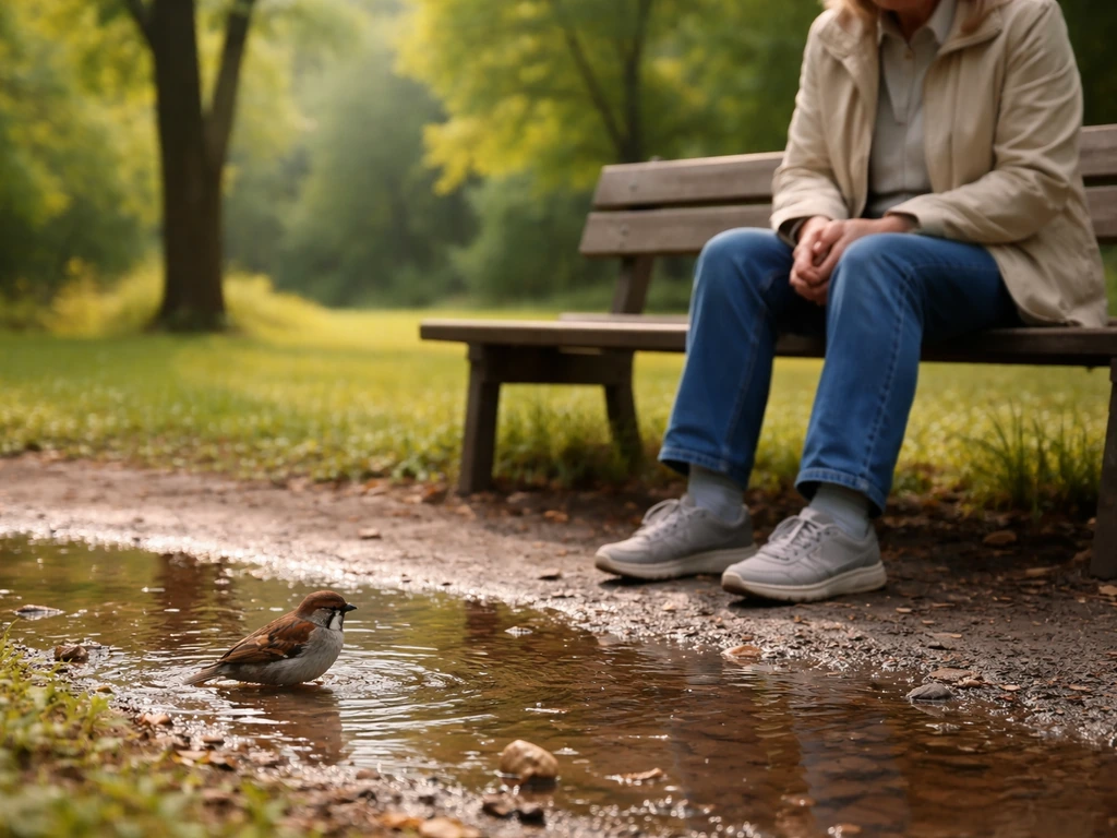 Person seated on a bench at a safe distance as a wild bird feeds or bathes nearby.