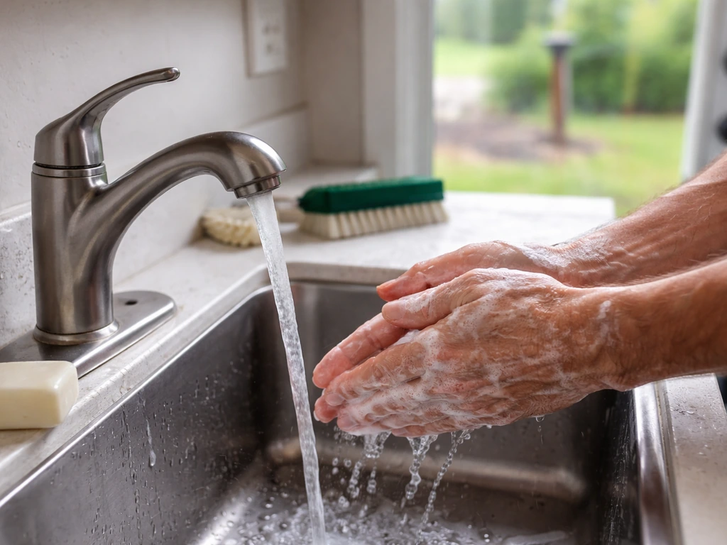 Close-up of hands washing at a sink with soap after touching a bird feeder, outdoors visible in background.