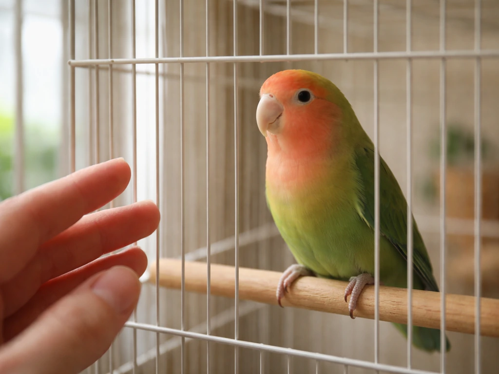 Calm lovebird perched by cage bars with relaxed posture as a hand stays a short distance away