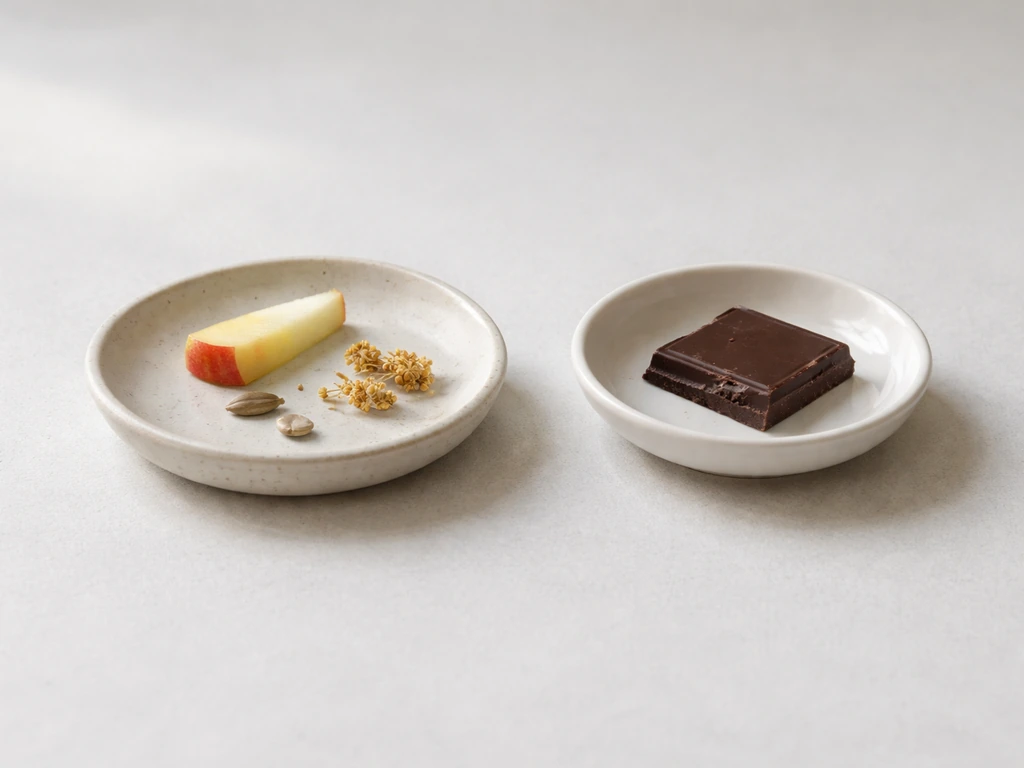 Small lovebird training treats (apple, millet, safflower) beside a piece of dark chocolate on a clean surface.