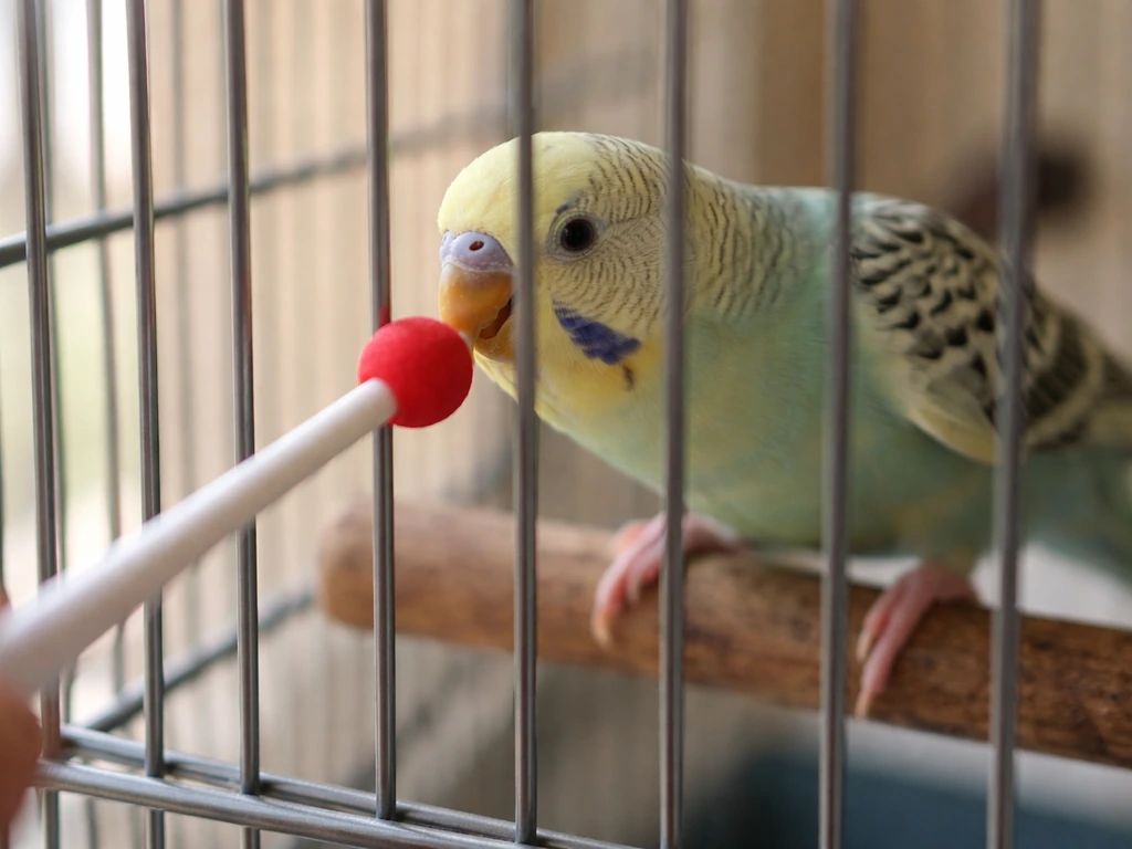 Close-up of a bird reaching to touch a target stick near cage bars during training