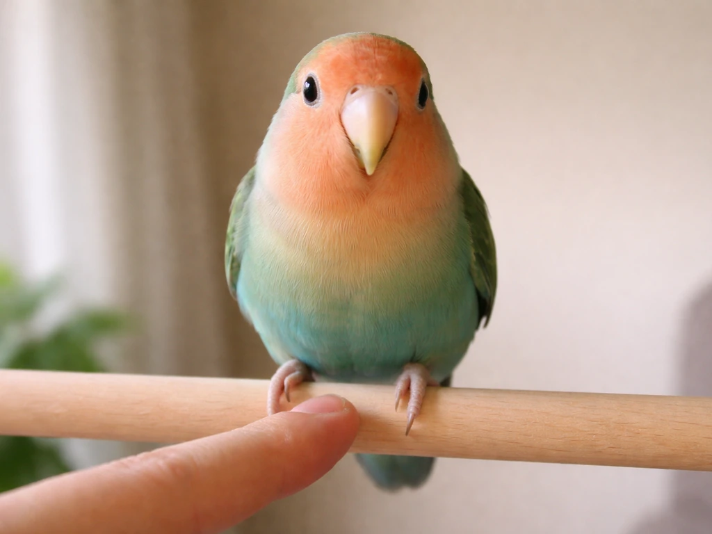 Close-up finger held level near a lovebird’s feet as it pauses to step forward.