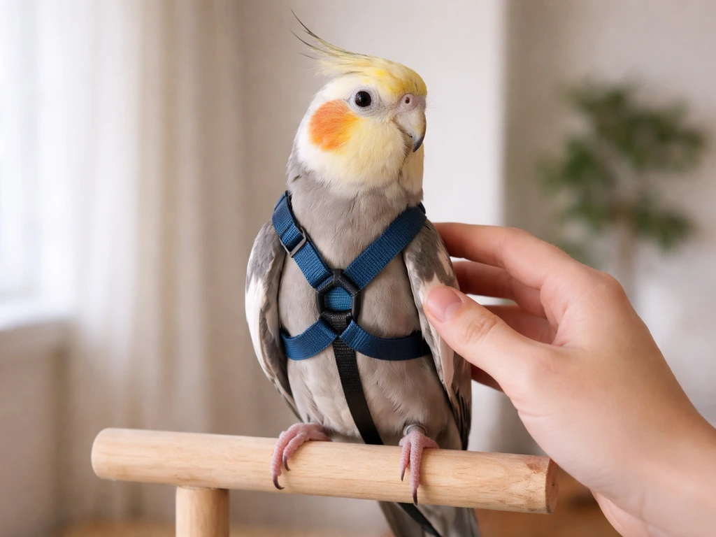 Cockatiel indoors wearing a properly fitted bird harness as a calm handler gently adjusts it