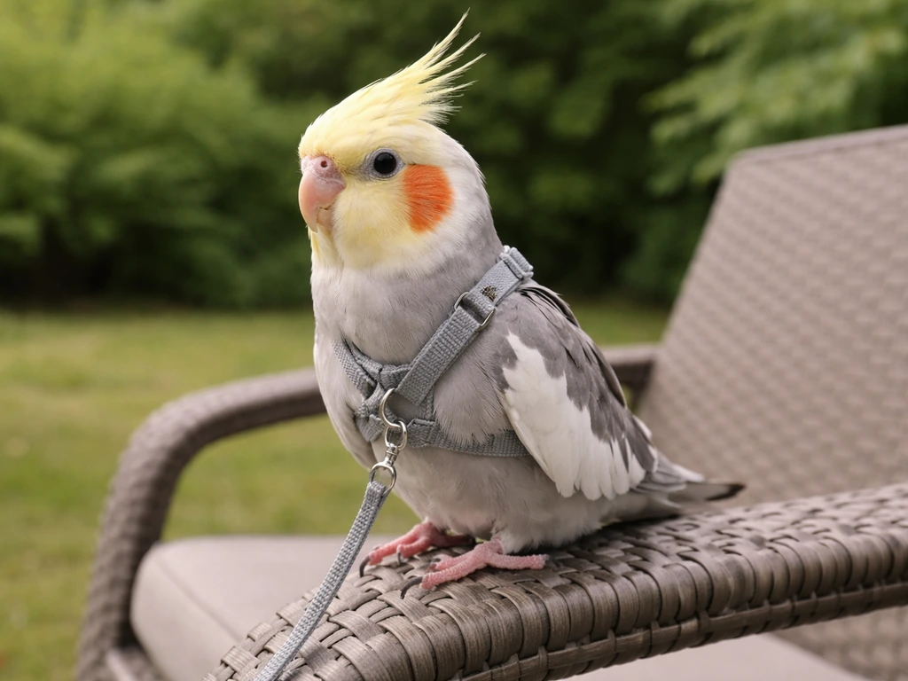 Cockatiel calmly perched outdoors wearing a small bird harness with a loose leash.