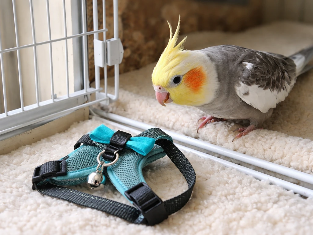 Cockatiel calmly investigating a harness placed near its cage bars, harness visible but not worn.