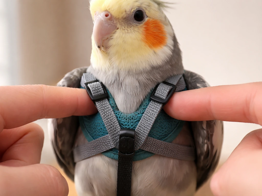 Close-up of one finger sliding under a cockatiel harness strap, showing snug fit to prevent chafing.