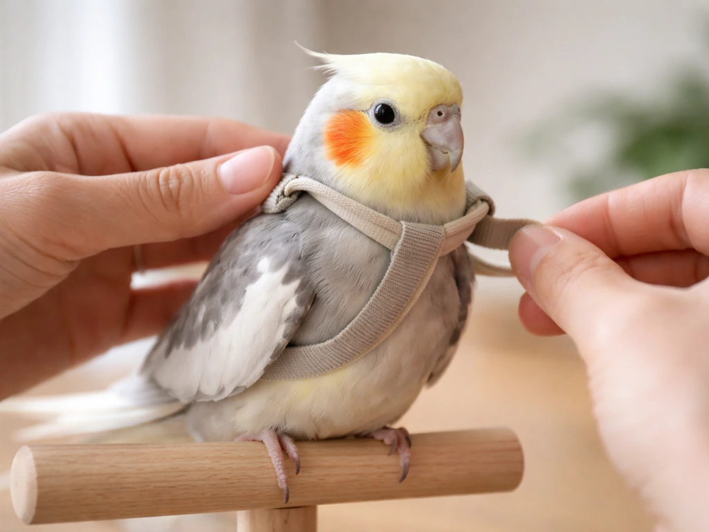 Small bird calmly staying relaxed as a handler gently positions a pet harness near its chest