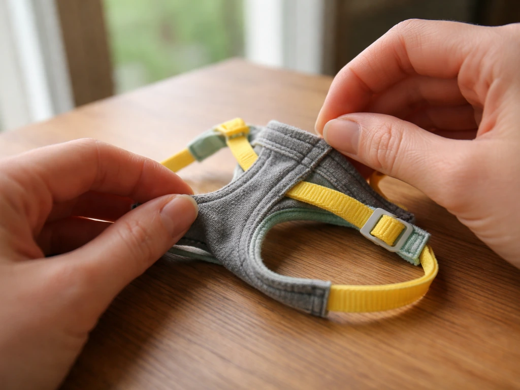 Cockatiel harness laid on a table with a caretaker’s hands checking stitching and fraying