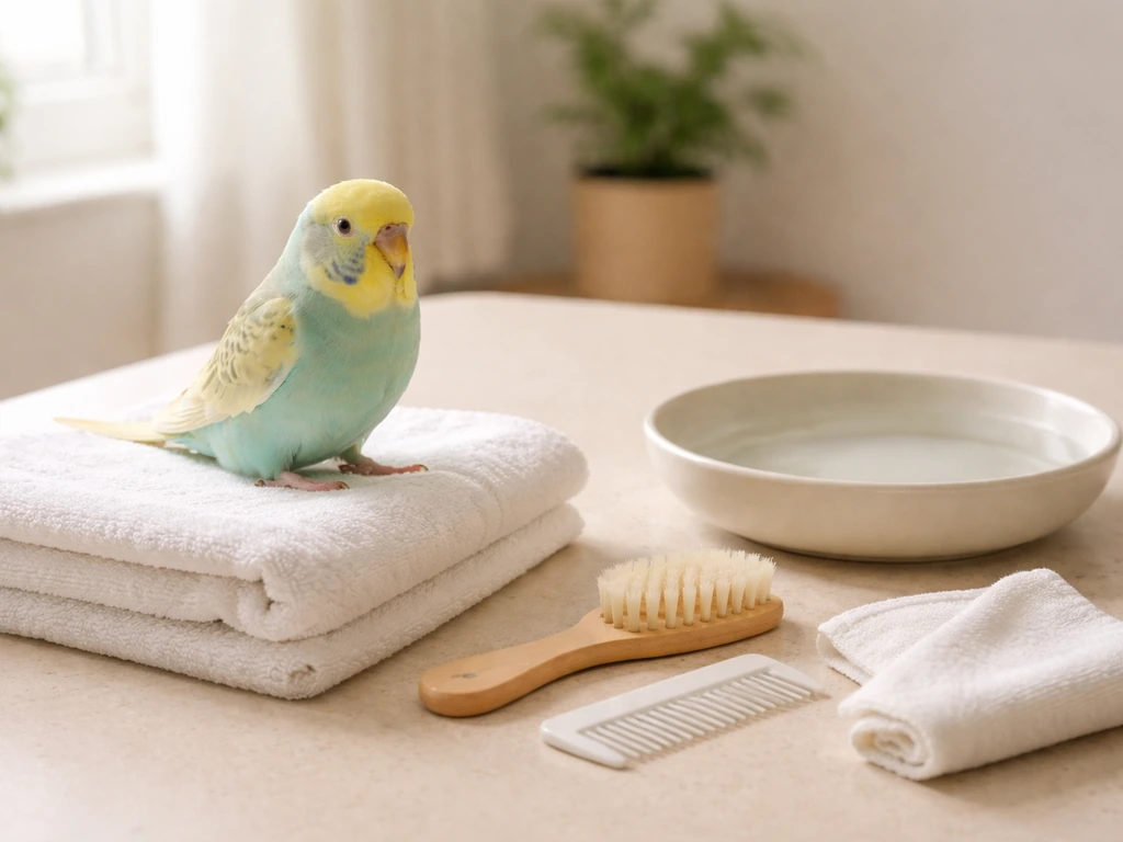 Small pet bird perched on a towel with lukewarm water dish and grooming supplies nearby.