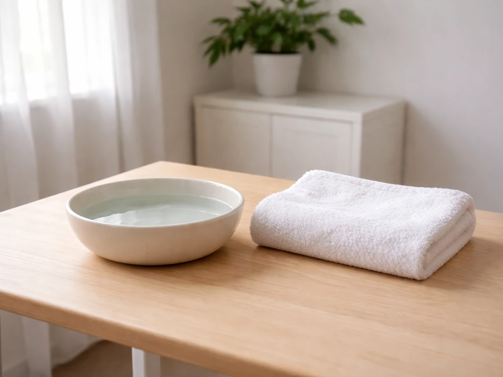 Shallow bowl of cool water and a towel laid out on a small table in a calm, fan-free room.