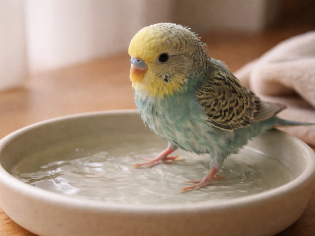 Small bird stepping into a shallow dish of lukewarm water for a gentle bath