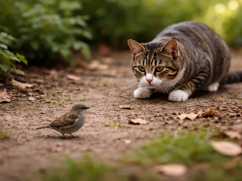 Domestic cat crouched and stalking near a small wild songbird on the ground in a backyard garden