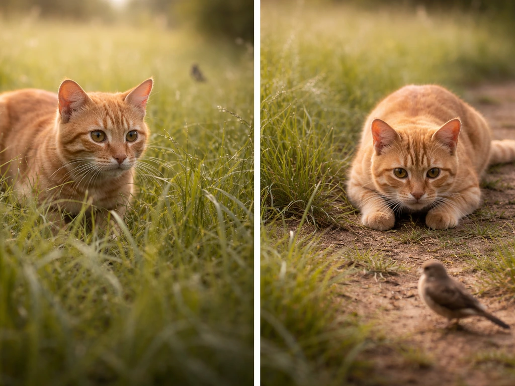 Two-part photo showing a cat spotting and stalking, then crouching ready to pounce on a bird outdoors.