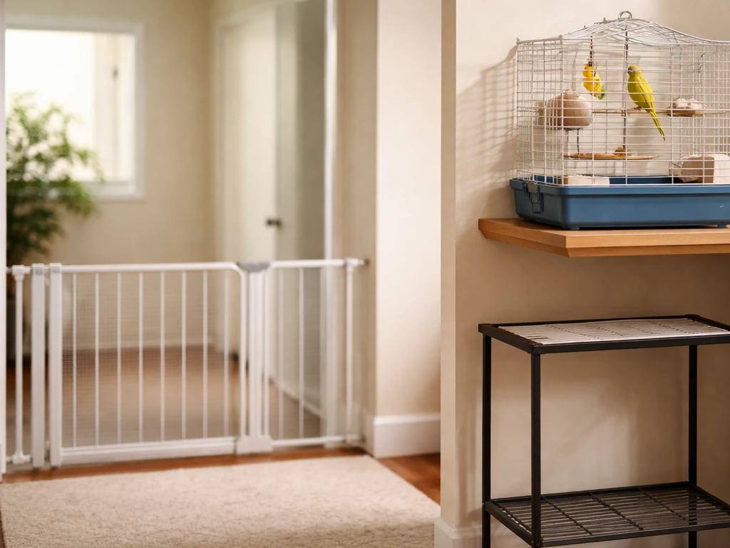 Pet bird cage secured high with a cat-proof gate barrier separating the area from where a cat could reach.