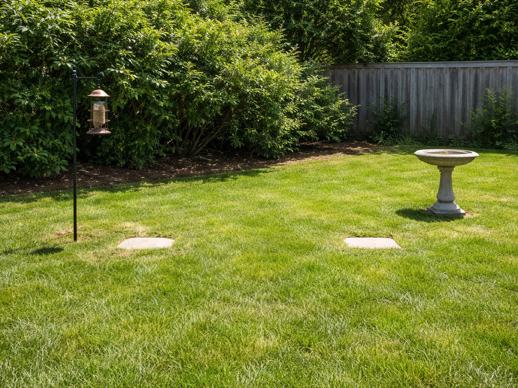 Backyard yard layout with bird feeder and birdbath on open grass, spaced from shrubs/fence cover.