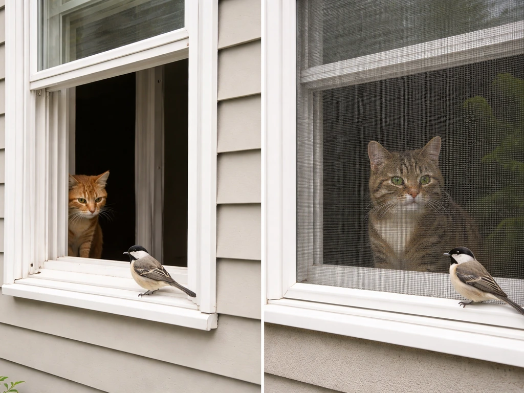 Cat inside behind a secured window screen while a bird rests outside glass; safer vs risky window area.